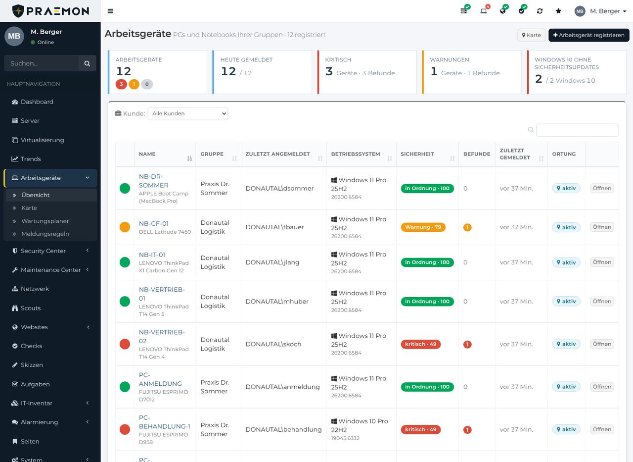 Liste der Arbeitsgeräte mit Kennzahlen, Gruppe, angemeldetem Benutzer, Betriebssystem, Security-Score, Befunden und Ortung