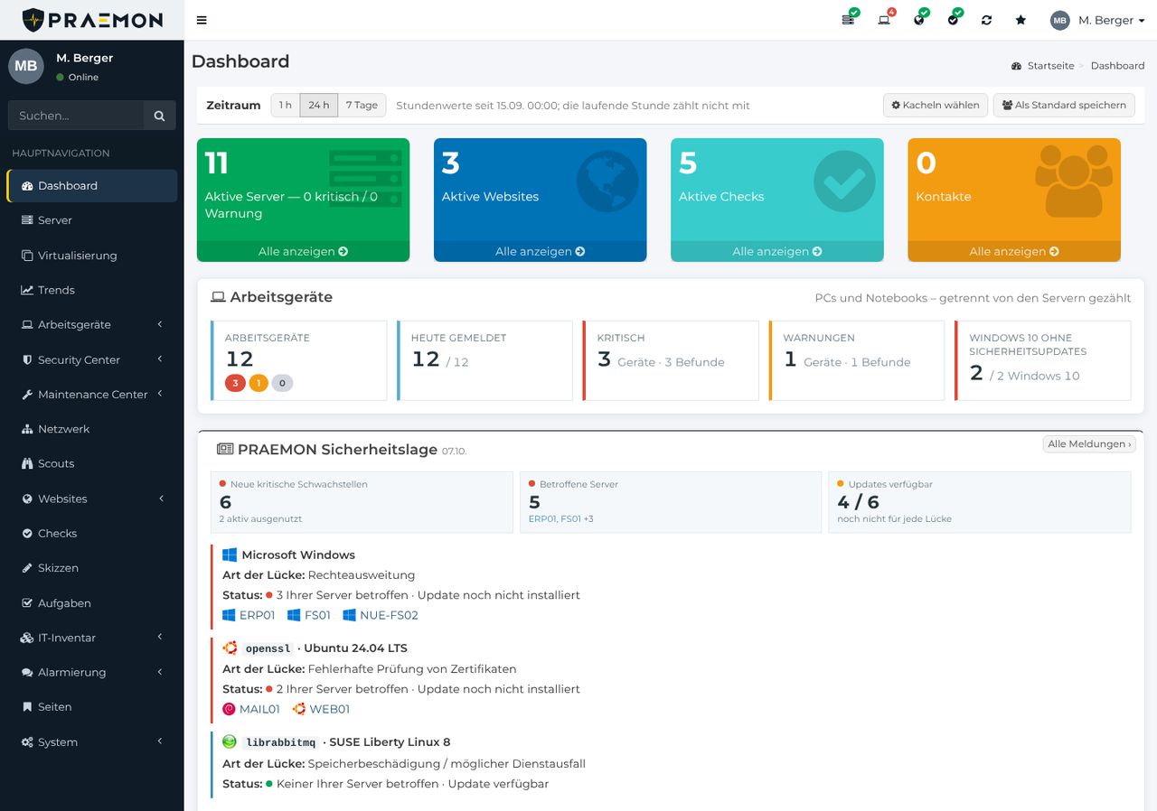 Dashboard mit Kacheln für Server, Websites, Checks und Kontakte, dem Bereich Arbeitsgeräte und der PRAEMON-Sicherheitslage mit betroffenen Servern