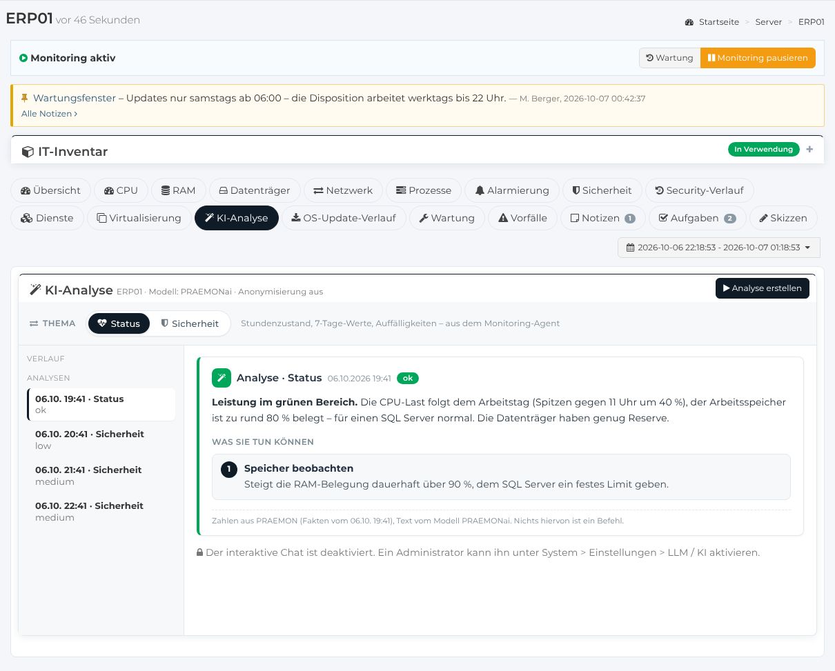 KI-Analyse am Server ERP01: Modell PRAEMONai, Thema Status mit den Fakten aus dem Monitoring-Agenten, eine Bewertung mit Vorschlag und der Hinweis, dass nichts davon ein Befehl ist