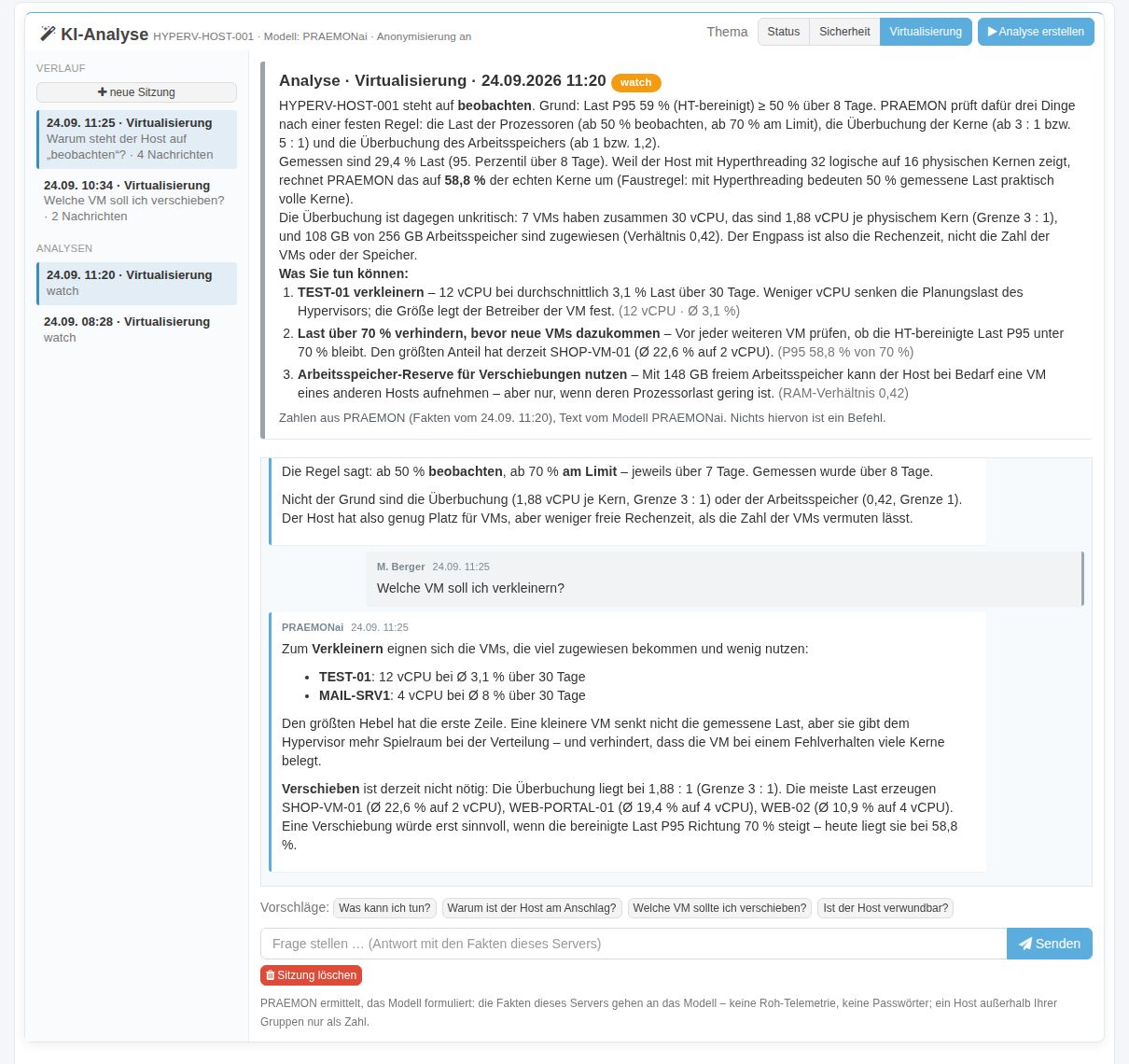KI-Analyse eines Hyper-V-Hosts zum Thema Virtualisierung: Bewertung nach fester Regel, Vorschläge und eine Rückfrage im Chat