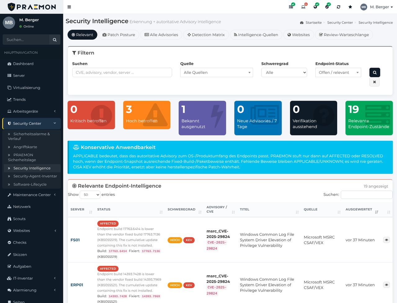 Security Intelligence: Zähler für betroffene Systeme und Liste der Herstellerwarnungen je Server mit installiertem und behobenem Build